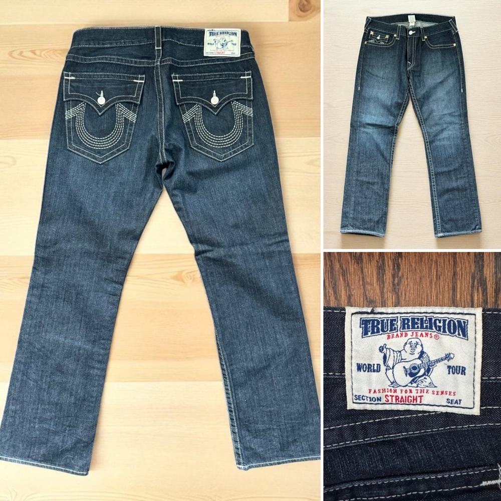 True Religion Pocket Flap Jeans Straight Leg Dark Blue Denim 36 Waist Length 33